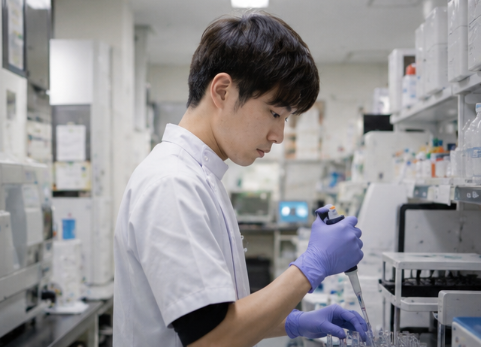 検査機器を確認する臨床検査技師