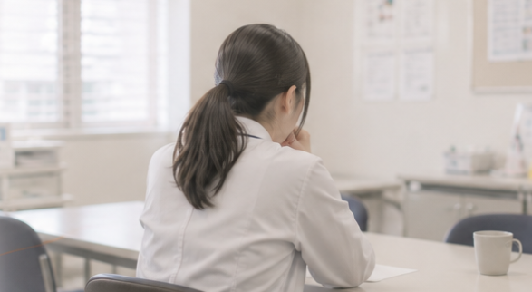 休憩室で考え込む臨床検査技師