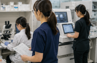 検査室で業務確認を行う臨床検査技師