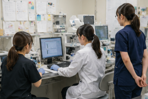 検査室で説明を行う臨床検査技師