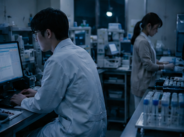 静かな検査室で業務を進める臨床検査技師