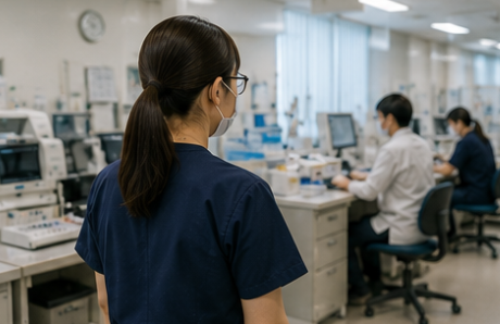 静かな検査室でそれぞれの業務に集中する臨床検査技師