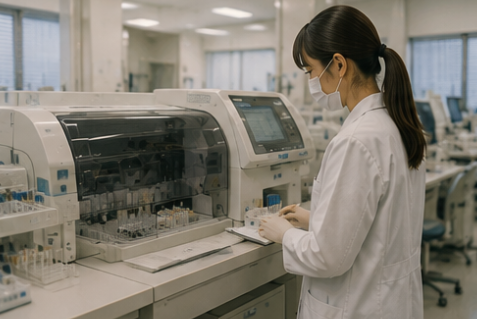 忙しい検査室で確認タイミングを探す臨床検査技師