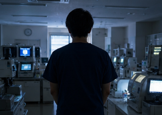 夜の検査室で立ち止まる臨床検査技師