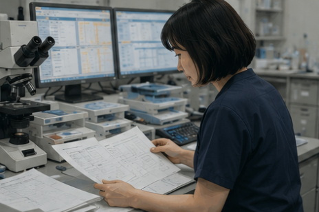 静かな検査室で書類整理をする臨床検査技師