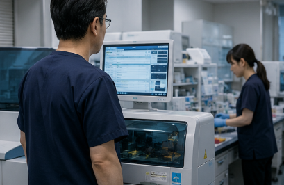 分析装置の前で検査室全体を確認する臨床検査技師
