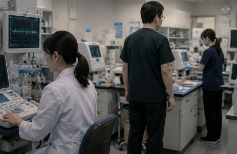 人数の検査室で全体を見ながら働く臨床検査技師