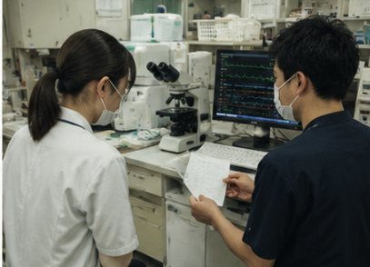 夜の検査室で後輩指導を行う臨床検査技師
