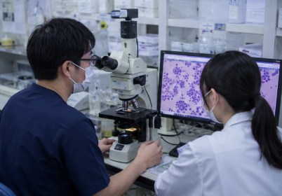 後輩へ病理検査を教える臨床検査技師