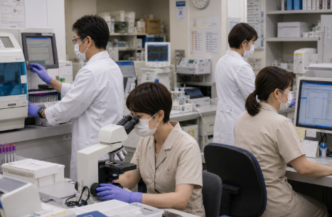 検査室で連携しながら働く女性臨床検査技師