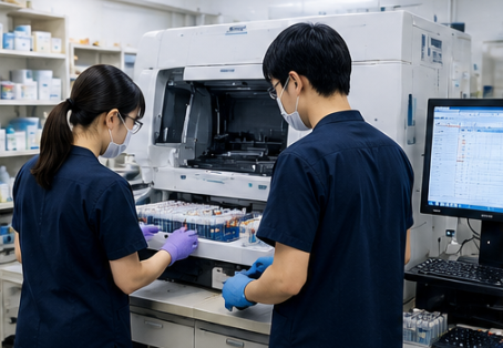 大型分析機器を操作する臨床検査技師