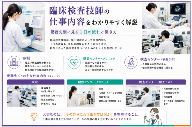 臨床検査技師の仕事内容と勤務先別の働き方イメージ