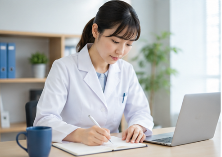 面接前に確認事項を整理している臨床検査技師
